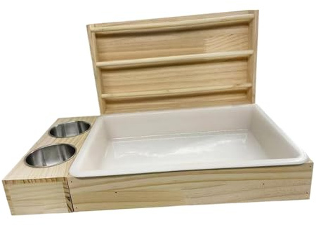 Râtelier à Foin en Bois, Mangeoire à Foin 3 en 1 pour Lapin, Distributeur de Foin pour Lapin avec Bols, Accessoire pour Cage, Bac à Litière, Cochon d'Inde, Mangeoire pour Gerbille, Hamster Nain