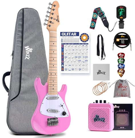Winzz 30-Zoll-E-Gitarren-Einsteiger-Set für Kinder, Junior-E-Gitarre in 1/4-Größe für Kinder, komplettes Starter-Set mit Verstärker, Farbe: Gloosy Rosa