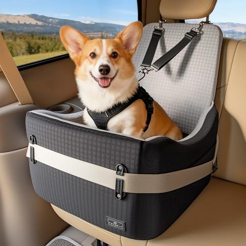 PETSFIT Dog Car Seat for Small/Medium Dogs Up to 35 lbs – Patented Safety System, 6 Memory Foam Pet Booster Car Seat, Fully Detachable and Washable Dog Carseat with 2 Storage Pockets (Black & Grey)