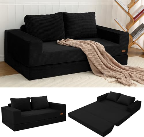 MeMoreCool Convertible Sofa Bed, Corduroy Folding Floor Couch, Black | No Assembly Boneless Fold Out Guest Bed With Back Pillows, Space Saving Sleeper Mattress For Small Flats, Bedrooms