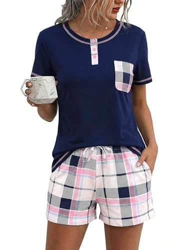 Litherday Pyjama Femme Ete Ensembles de Pyjamas Coton Carreaux Manches Courtes et Confortable 2 Pièces avec Poches