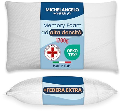 1 Cuscino Alto 15cm + 1 Federa Extra 15cm in Memory Foam Cervicale Per Dormire Made in Italy DISPOSITIVO MEDICO Ortopedico Ergonomico Anallergico Traspirante Antirussamento Federa Lavabile
