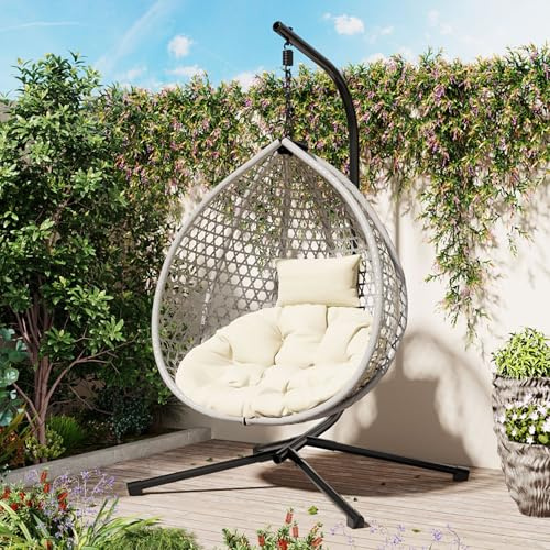 Hanging Egg Swing Chair Stand, Foldable Woven HDPE Basket Seat, Plush Removable Polyester Cushion, Rust-Resistant Chain, Reinforced Iron Base, Non-Slip PP Pads, Indoor Outdoor Lounger (Gray+Beige)