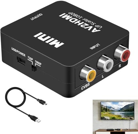 Adaptador RCA a HDMI 1080P, Convertidor AV a HDMI con Soporte para Wii, PS2, Gamecube, DVD, VHS, Laptop, Proyector, Compatible con Televisores y Monitores, Cable de Alimentación USB Incluido (Negro)
