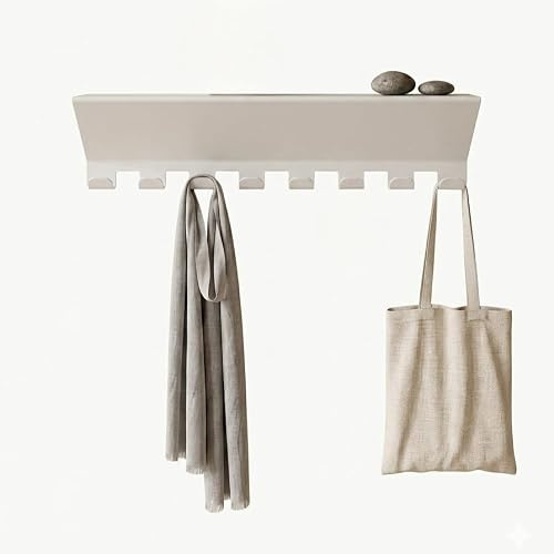 Estudio100 Perchero de Pared Flotante de Metal– Modelo Oslo – 85 x 13 x 12 cm – 8 Ganchos – Estilo Escandinavo – Color Blanco Perla