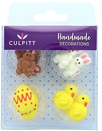 Culpitt Chick, Egg, and Rabbit Sugar Piping's, Sugar Decorations for Cupcakes, Cakes, Easter, Spring - Pack of 12