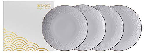 TOKYO design studio Nippon White 4-er Teller-Set weiß, mit Gold-Rand, Ø 25 cm, ca. 3 cm hoch, asiatisches Porzellan, Japanisches Design, inkl. Geschenk-Verpackung