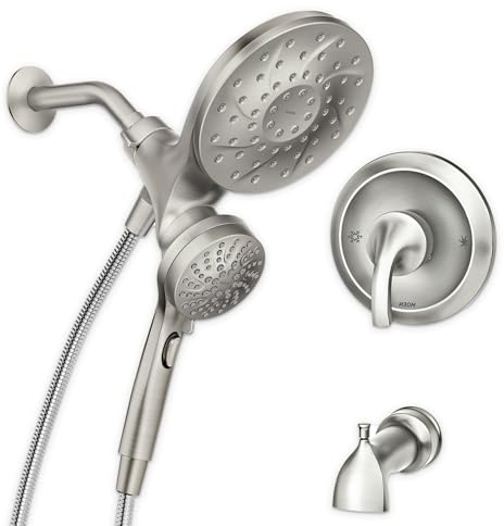 Moen Engage Multi-Function Handshower and Rainfall Shower Head Trim Combo with Handle, Tub Spout, Metal Hose and Valve, Brushed Nickel, 82304SRN