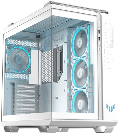 ASUS TUF Gaming GT502 Horizon, Caja ATX para Torres Medianas, diseño panorámico, Doble cámara, Zonas de refrigeración Independientes, Paneles Laterales sin Herramientas, USB 20 Gbps Tipo-C, Blanco