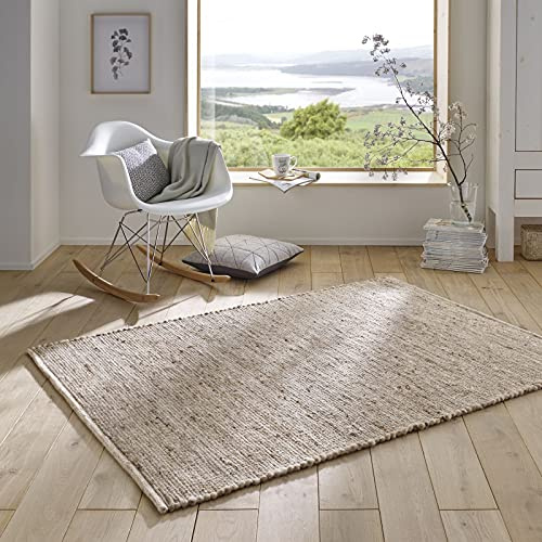 Taracarpet Handweb-Teppich Malmoe Wolle im Skandinavischem Landhaus Design Wohnzimmer Esszimmer Schlafzimmer Flur Läufer beidseitig verwendbar Sand 070x130 cm