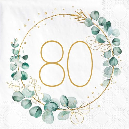 Sprinlot 80-årsdagen dekorationsservetter, 40 stycken servett eukalyptus födelsedag, servetter guld grön, pappersservetter för 80 man kvinna födelsedagsdekoration party bordsdekorationer