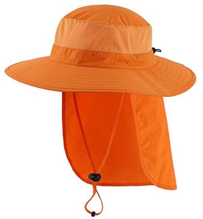 Magracy Unisex Outdoor-Sonnenhut mit breiter Krempe Mesh UPF50+ Safari-Hüte mit Nackenklappe Angelhüte, Orange