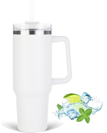 JFABL 40 oz Thermobecher mit Strohhalm und Henkel, Doppelwandiger Edelstahl Vakuum Isolierbecher mit Deckel, Autobecher Becher Tumbler Thermobecher Kaffeebecher für Heißer und Kalter Getränke - Weiß