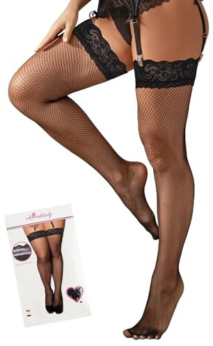 ohyeahlady Halterlose Strümpfe Damen Sexy Große Größen Spizten Stockings Elasthan Netzstrümpfe für Strumpfhalter hohe Strümpfe mit Spitze Halterlos mit Schmalem Spitzenband Schwarz,XS-M