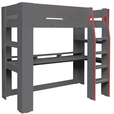 Flair Furnishings Recoil - Wooden High Sleeper Bed for Kids, Single Gaming Bed with Desk, Heavy Duty and Sturdy, Stylish, Space-Saving Design (Grey & Red)