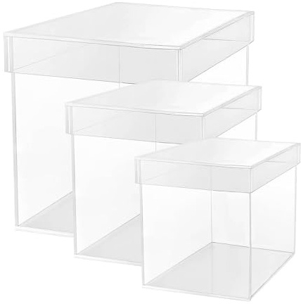 TUKA-i-AKUT Lot de 3 | 30cm + 20cm + 15cm Vitrine Acrylique de Présentoir Forme de Cube, 5 faces avec Couvercle, Boîte Cadeau, Rangement Collections Musées Bijoux Jouets Décorations Cadeaux, TKD8254