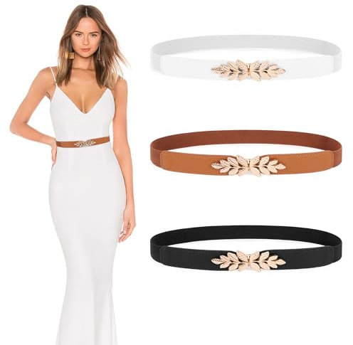 Moorle Taillengürtel Damen 3 Stück, Gold Schnalle Stretchgürtel, Skinny Elastische Taille, Schmaler Ledergürtel für Kleid Jeans Blusen
