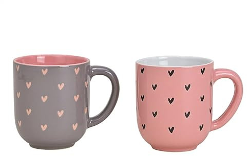 Set di 2 tazze in ceramica con belle decorazioni a forma di cuore, set di tazze grandi, tazze per caffè lungo o tè, per bevande calde, forte e resistente, 2 x 400 ml (rosa e grigio)