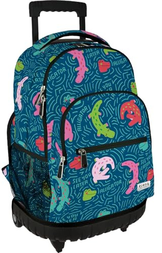 Grafoplás - Skolryggsäck med hjul, inbyggd vagn, 52 x 37 x 25 cm, 29 liter, dubbla hjul, roller-modell, Alligator-samling av Elena Corredoira, perfekt skolmaterial för barn och grundskola, Blå, L