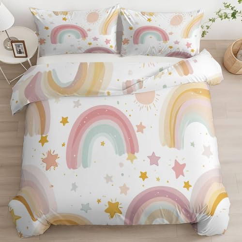 Funda Nordica Cama 90 Juvenil Arcoiris Funda Edredon 150x220 Patrón De Dibujos Animados 3D Fundas de Edredón Microfibra Suave Ropa de Cama de 3 Piezas con Cremallera y 2 Fundas de Almohada H-346
