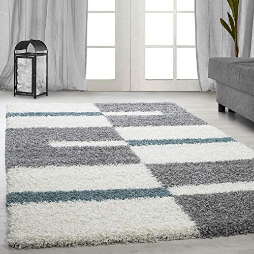 Ayyildiz Teppich-Hochflor Shaggy Teppich Karo Linien Muster Flauschig , Polypropylen, Türkis, 140 X 200