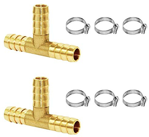 Joywayus 1/4 Brass Barb Tee Fittings T-Shaped 3 Ways Union 1/4 Hose Barb Pipe Fitting with 6pcs Stainless Steel Pipe Clamp for Water/Fuel/Air (Pack of 2)