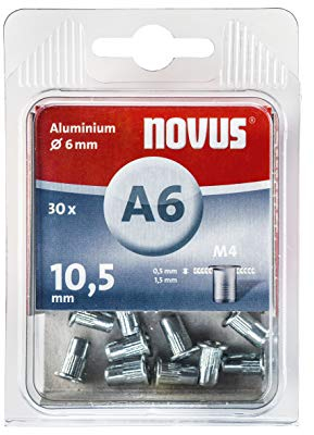 Novus 045-0075 Écrou à rivets aveugles A6 Ø 6 mm Aluminium 30 écrous à rivets Filetage M4 Longueur 10,5 mm Pour plastique et matériaux de construction légers Argenté