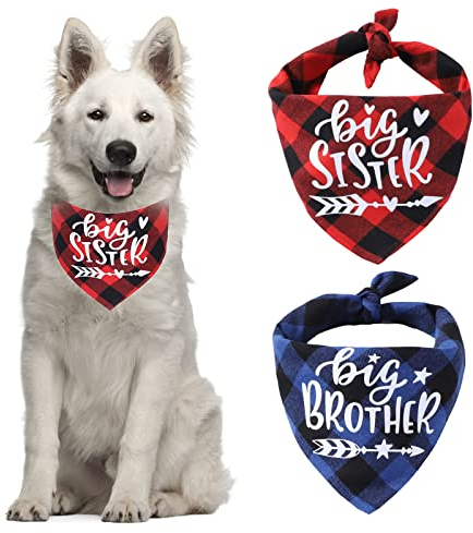 HACRAHO Plaid Hundehalstuch, 2 Stück Schwangerschaft Ankündigung Plaid Hund Bandana für Hunde Katzen Welpen, Blau und Rot
