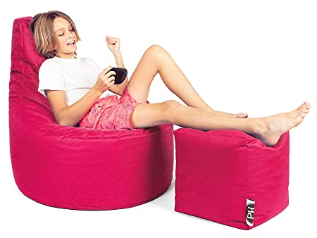 PATCH HOME Patchhome Gamer Kissen Lounge Kissen Sitzsack Sessel Sitzkissen Bean Bag + Würfel/Hocker mit Reißverschluss bereits befüllt (Pink, XXL - Ø80cm Sessel + 35x35cm Würfel)