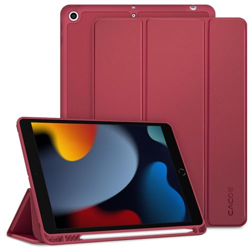 CACOE Case Compatible with iPad 9th /8th /7th Generation 2021 2020 2019, 10.2 Inch Case with Pencil Holder, Soft TPU Back Cover Auto Wake/Sleep, Wine Red