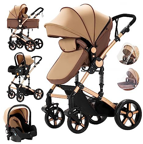 Magic ZC Kinderwagen 3 in 1, Kinderwagen Set Umkehrbarem Doppelschiebemodus, Kombikinderwagen 3 in 1 Großer Bequemer Babywanne, Buggy Rahmen Aluminiumlegierung Faltbar Hohe Landschaft (588 Khaki)