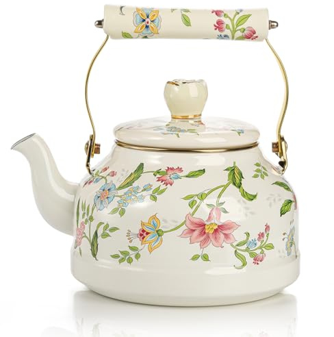 Jucoan 2.6 Quart Vintage Enamel Tea Kettle, Green Floral Stovetop Water Kettle Teapot with Porcelain Handle for Home Kitchen Camping Tea Party, Gift for Bridal Shower Wedding Housewarming