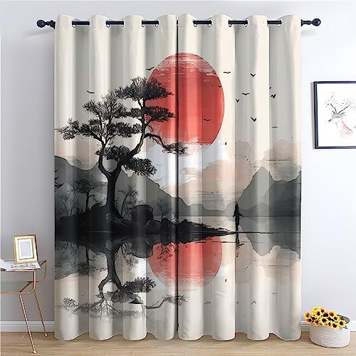 Vorhänge Japanischer Stil - Japanischer Stil Fenster Gardinen mit Ösen, Vorhang Blickdicht Verdunklungsvorhänge Thermovorhang für Wohnzimmer Schlafzimmer Deko 2er Set, H 245 x B 140 cm V-&273