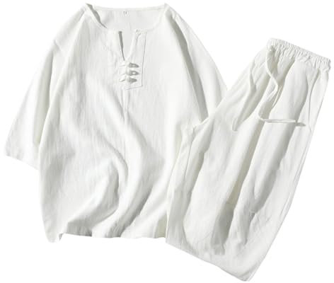 WAZHAKU Herren Anzug Freizeitkleidung - Chinesischer Stil Mittelärmelig Hemd T-Shirt Hose Kampfkunst Kung Fu Trainingsanzug Frühling Herbst Baumwolle Leinen Lose Uniform Sportbekleidung