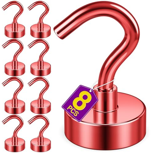 Niuknow Magnetic Hooks, 30 lbs Magnetic Hooks, Magnet Hook for Cruise Cabins, Magnet Metal Hooks for Refrigerator, Mugs, Classroom, Kitchen, Home (Red, 8 Pack)