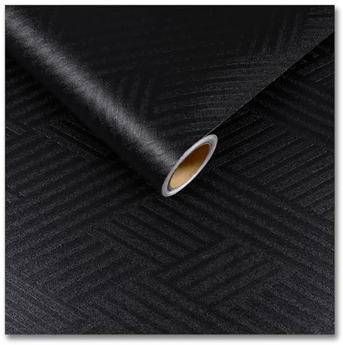 CRE8TIVE Papel pintado geométrico negro texturizado para sala de estar, 30 cm x 200 cm, papel de contacto brillante, autoadhesivo, papel tapiz de vinilo impermeable para muebles y gabinetes
