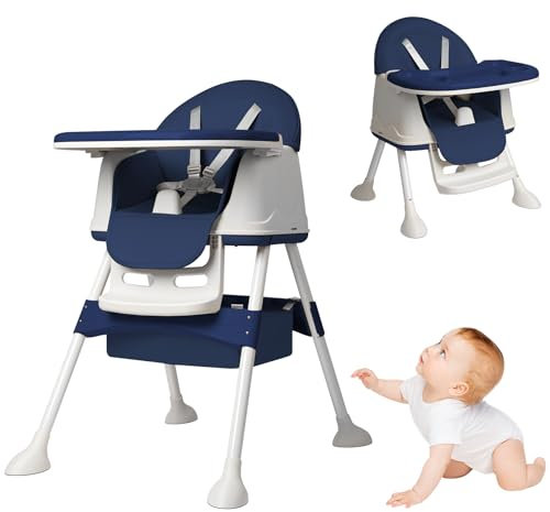 UISEBRT 3-in-1 Kinderhochstuhl, Klappbarer Baby Essstuhl mit Höhenverstellung, Verstellbarem Doppeltablett, Rollen und Abnehmbarem Sitz, Kombihochstuhl für Zuhause und Unterwegs, Blau