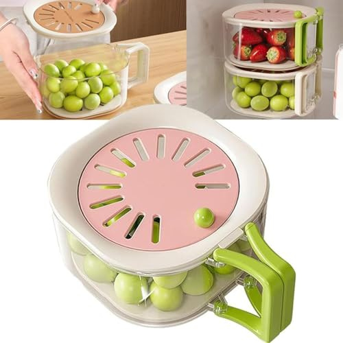 2-in-1 Draining and Preservation Basket, 2026New Multifunctional Fruit and Vegetable Washing Bowl with Strainer, Fruit Washer Drainer Container Set with Lid and Handle Kitchen Gadgets (Pink)