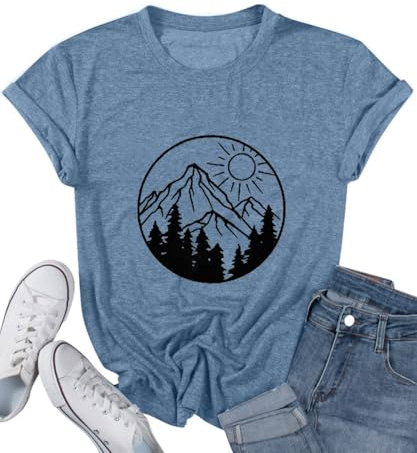 Adventure Graphic Camping Shirts for Women Oversized Tshirts Pine Tree Women's Nature Camping Mountain Hiking Lovers Shirt,Ink Blue XL