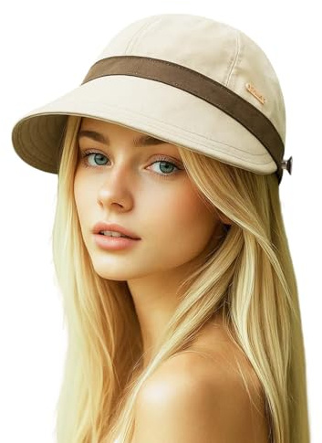 TAGVO Women's Wide Brim Sun Hat, Quick-Dry Waterproof Peaked Cap, Ponytail-Friendly, UV Protection, Foldable & Lightweight Beige
