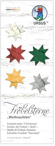Ursus 3512 00 99 - Stelle di Natale, 130 g/m² di carta da disegno in argilla, 80 strisce pieghevoli, formato 1 x 50 cm, Ø 4,3 cm, 5 colori, con istruzioni per l'uso, carta da piegare fai da te