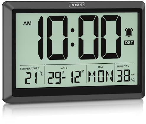 XREXS 10.4 Inch Digital Wall Clock, Battery Operated | Date/Day/Temp/Humidity Display, Alarm & Touch Snooze, Auto DST, For Bedroom, Living Room, Home Office