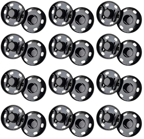 12 Sets Large Metal Press Studs, Black Sew on Snap Fasteners, Sewing Press Studs Buttons for Clothing Repair, Invisible Poppers for Coats Jackets and Leather Bags
