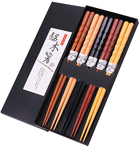 GLAMFIELDS Reusable Chopsticks Japanese Natural Wooden 5 Pairs Classic Style Lightweight Hand-Carved Safe Chop Sticks 8.8 Inch/22.5cm Gift Set