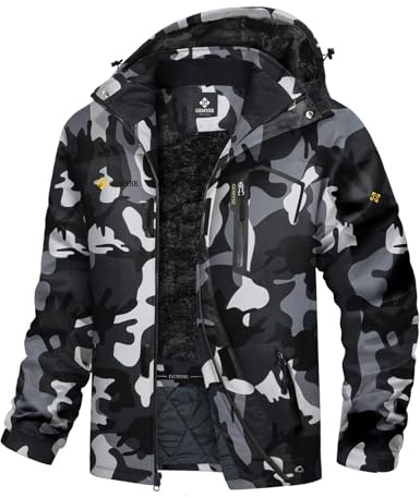 GEMYSE Uomo Giacca da Sci impermeabile montagna giubbotto da neve invernale antivento Cappotto con Cappuccio(Camouflage 01,L)