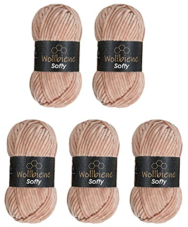 Wollbiene Softy 5 x 100 Gramm Chenillewolle Strickwolle, Babywolle, 500 Gramm Wolle Super Bulky (puder 10)