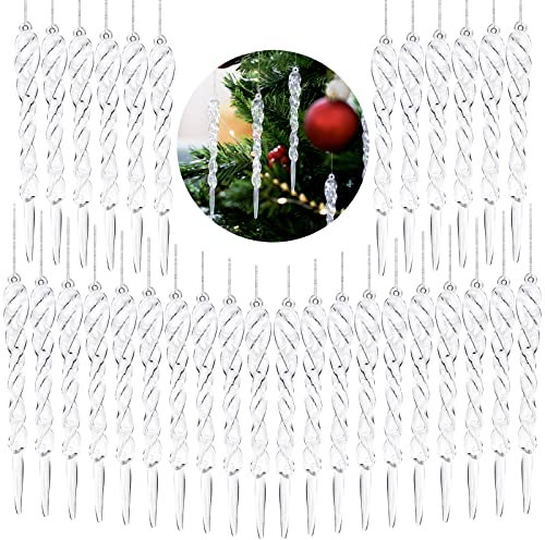 UNOLIGA 32pcs Acrylic Icicles Decorations Christmas Tree Ornaments, 13cm Clear Baubles Crystal Icicles Christmas Hanging Decorations, Traditional Xmas Tree Decorations
