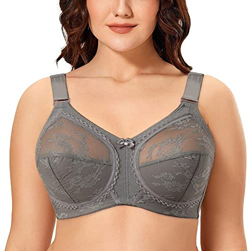 Ayigedu Women's Non Wired Non-Padded Minimizer Lace Plus Size Full Coverage Support Bra 38G Grey