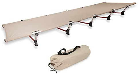MidGard hochwertiges Feldbett, ultraleichtes Outdoorbett, klappbares Campingbett aus Aluminiumlegierung und Polyester bis 140 kg belastbar! Perfekt für Zelten, Wanderung, Reisen usw. beige