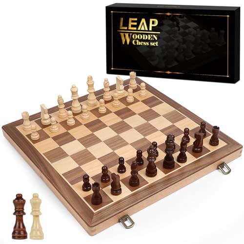 Schachspiel Holz 39cm Mit Hochwertigen Schachfiguren Klappbarer Holz Schach Turnier Schachbrett Mit Extra-Königinnen Handgefertigt Reisen Schach-Brettspiel mit Aufbewahrungsfächern Ideal FüR AnfäNger